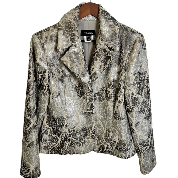 NueVa | Metallic Crackle Button Down Jacket | Silver, Cream | NWOT | Size 10 - Picture 1 of 8